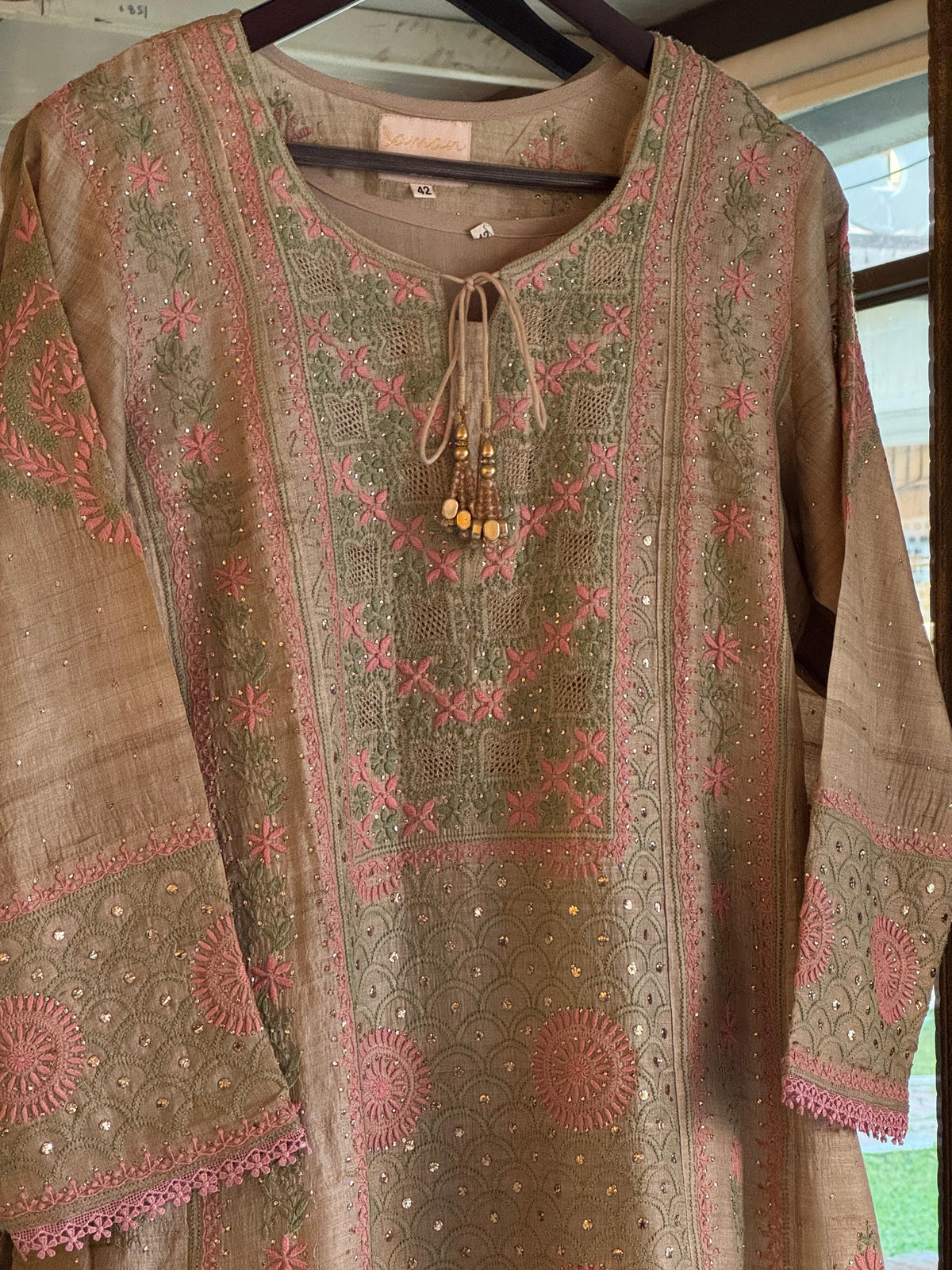 Basak Peach & Green Natural Tussar Silk Kalidar Chikankari Kurta Set