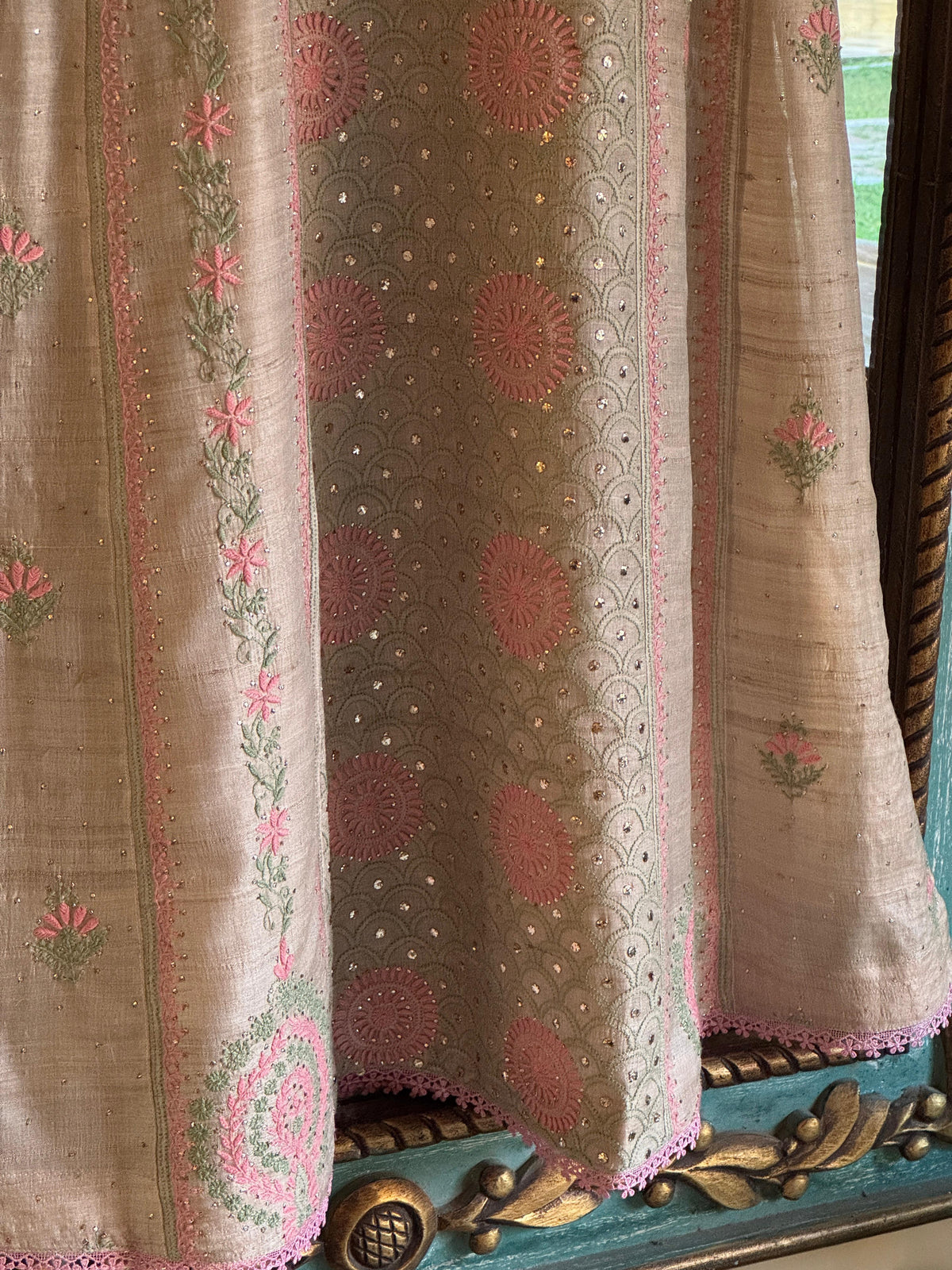 Basak Peach & Green Natural Tussar Silk Kalidar Chikankari Kurta Set