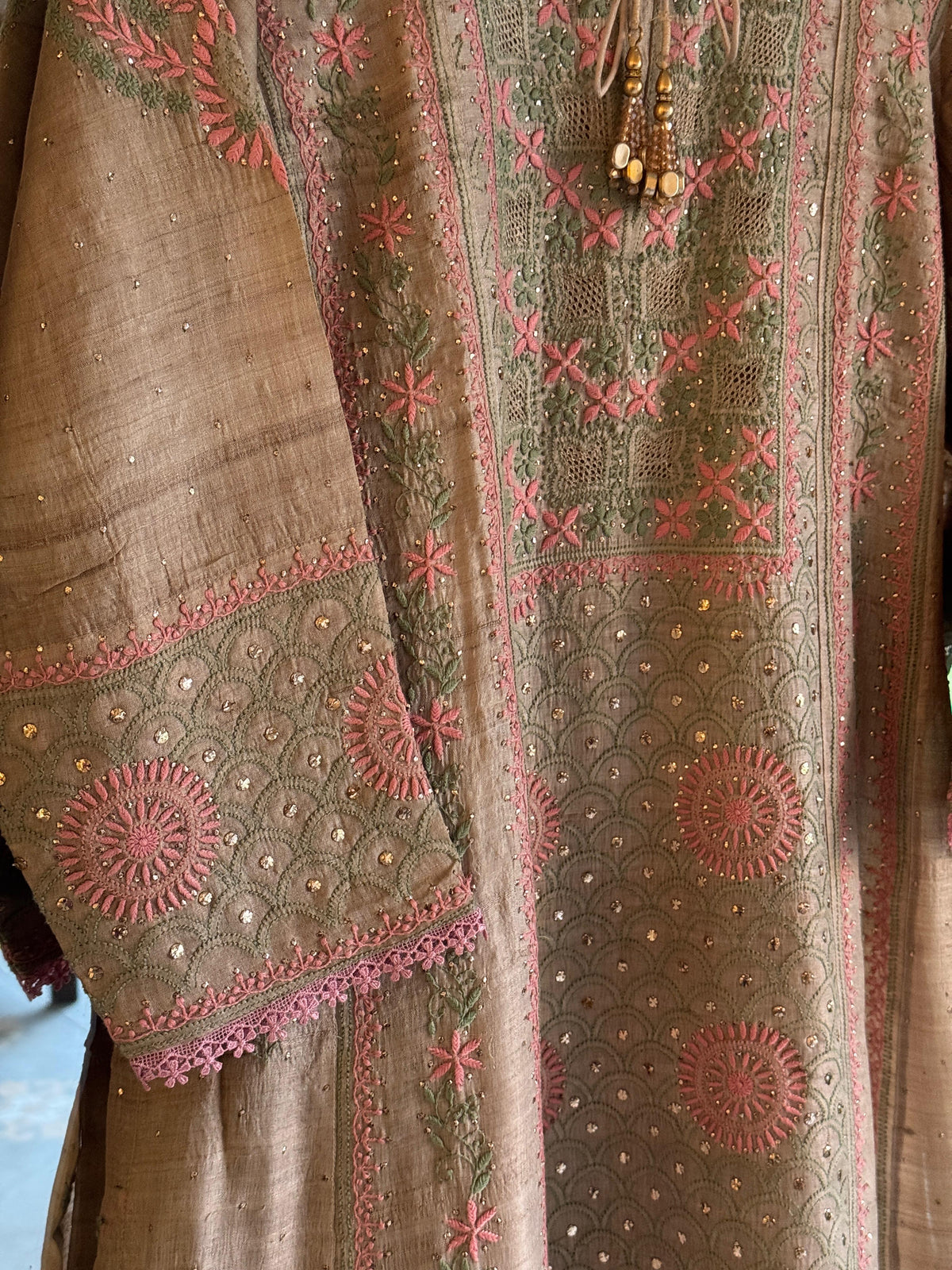Basak Peach & Green Natural Tussar Silk Kalidar Chikankari Kurta Set