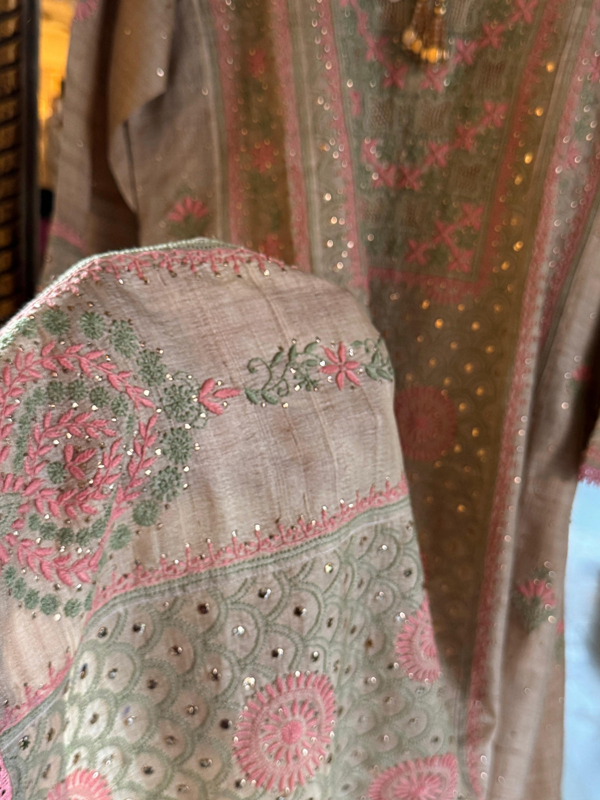 Basak Peach & Green Natural Tussar Silk Kalidar Chikankari Kurta Set