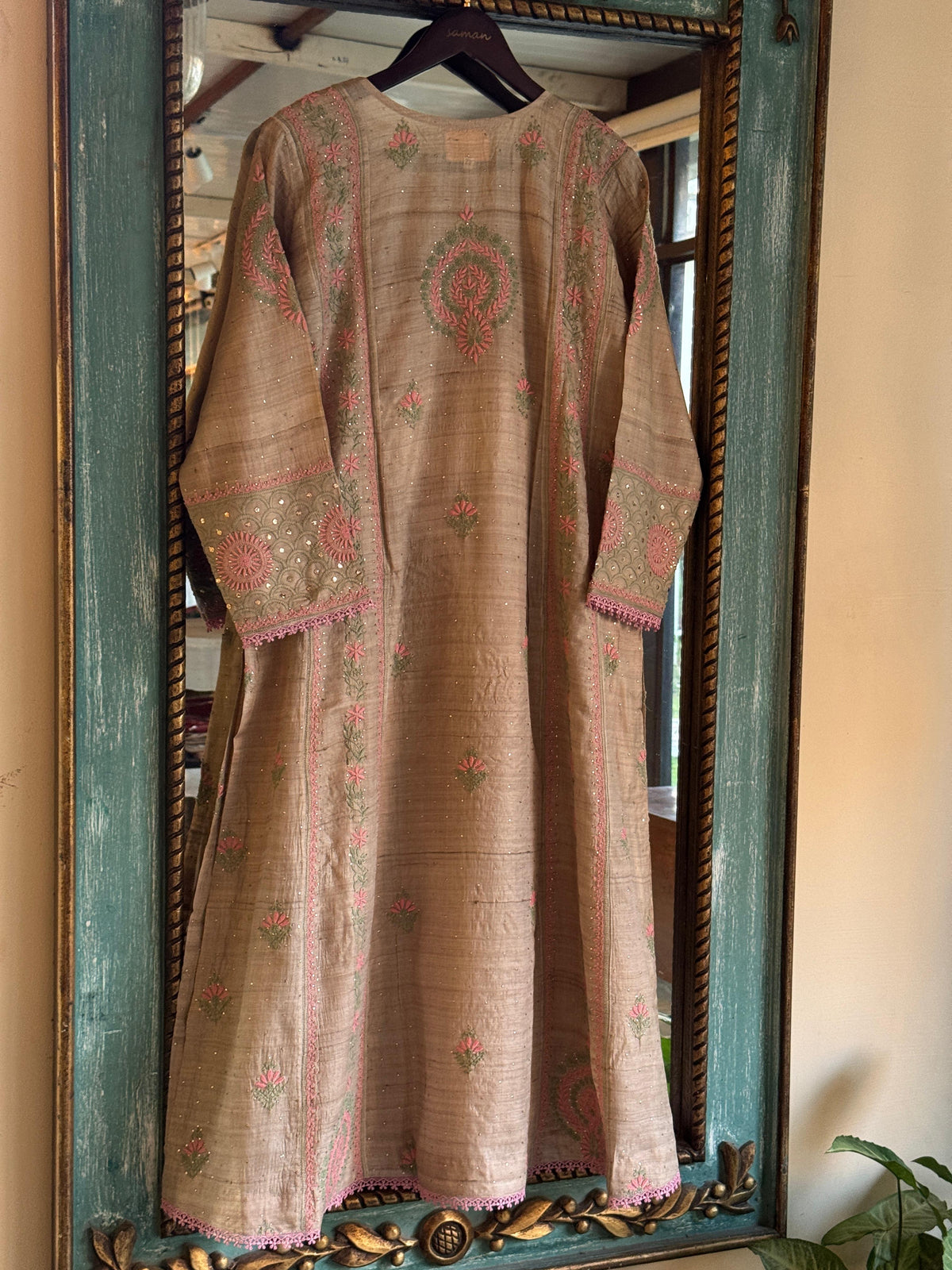 Basak Peach & Green Natural Tussar Silk Kalidar Chikankari Kurta Set