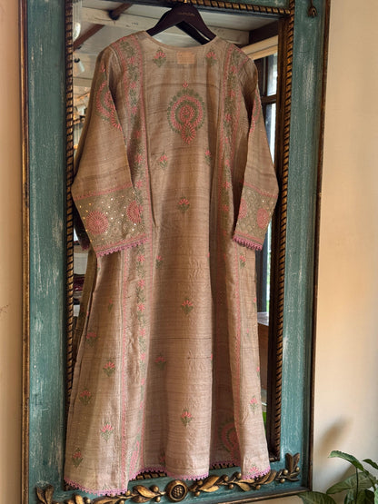 Basak Peach & Green Natural Tussar Silk Kalidar Chikankari Kurta Set