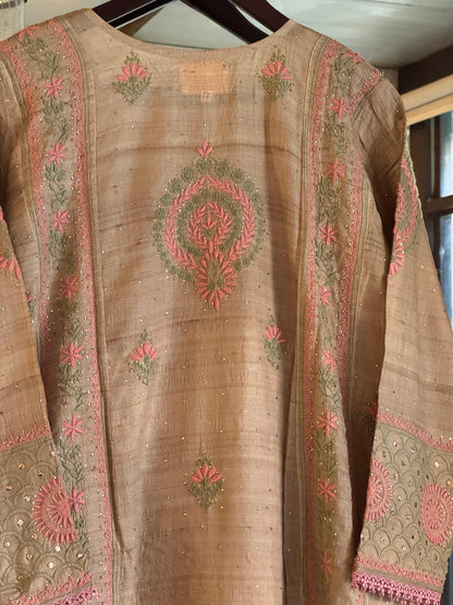 Basak Peach & Green Natural Tussar Silk Kalidar Chikankari Kurta Set