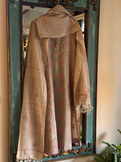 Basak Peach & Green Natural Tussar Silk Kalidar Chikankari Kurta Set