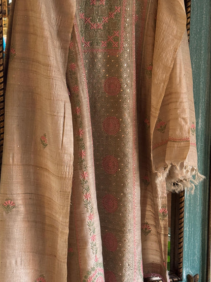 Basak Peach & Green Natural Tussar Silk Kalidar Chikankari Kurta Set