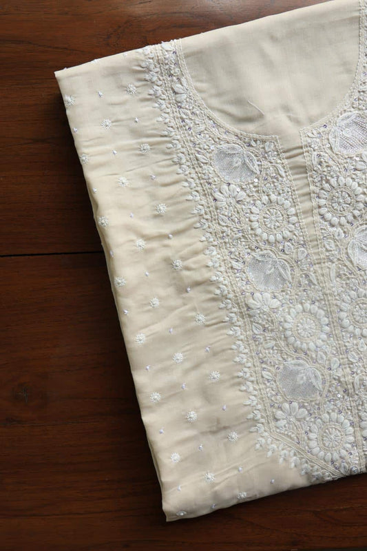 Beige Cotton Chikankari Unstitched Kurta Fabrics
