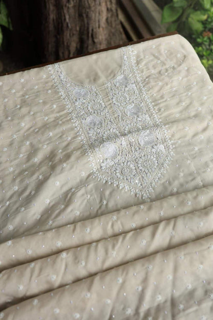 Beige Cotton Chikankari Unstitched Kurta Fabrics