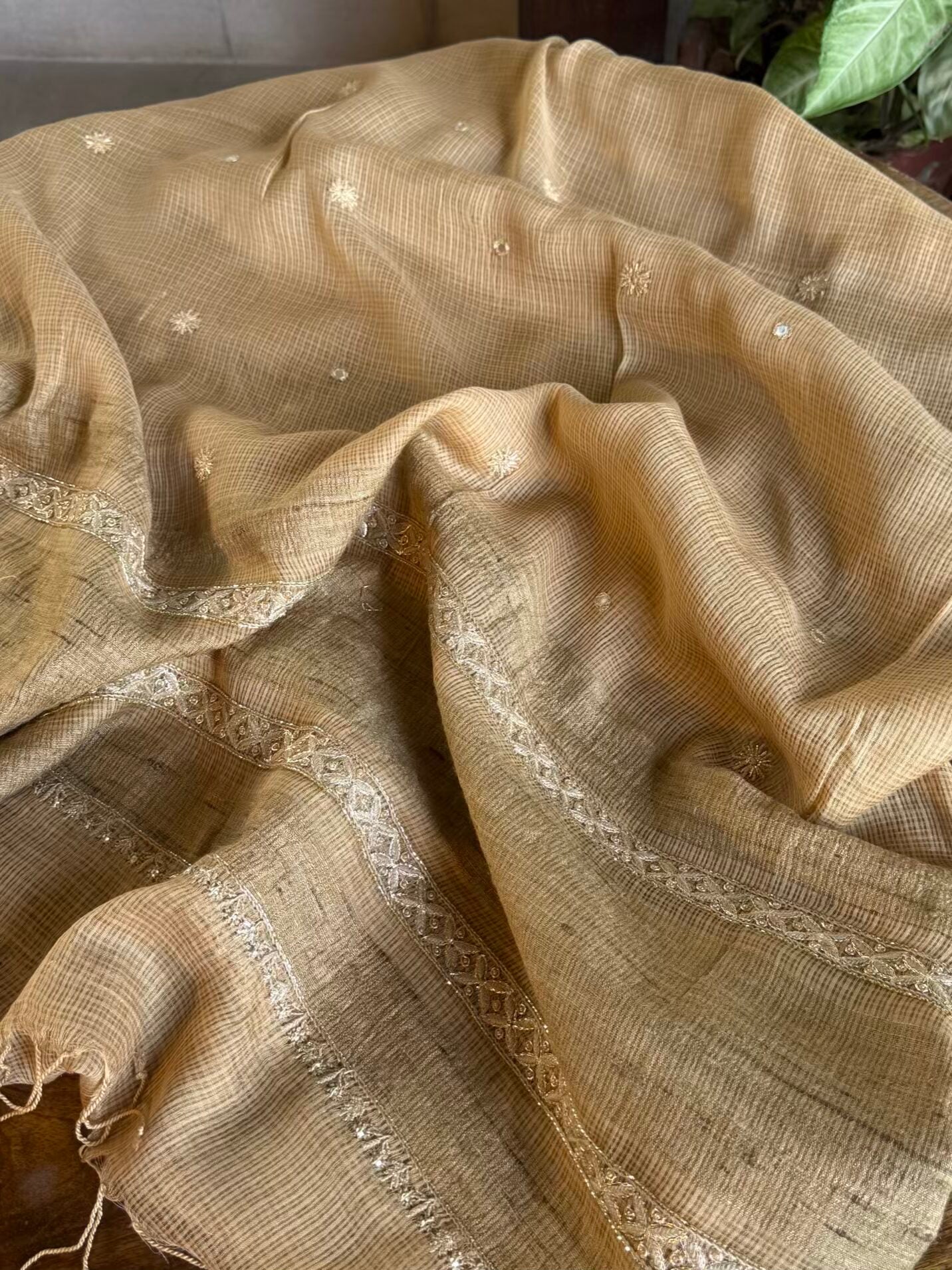 Beige Handloom Kota Chikankari With Mirror Work Unstitched Kurta Dupatta Set