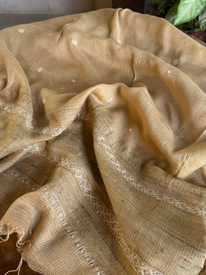 Beige Handloom Kota Chikankari With Mirror Work Unstitched Kurta Dupatta Set
