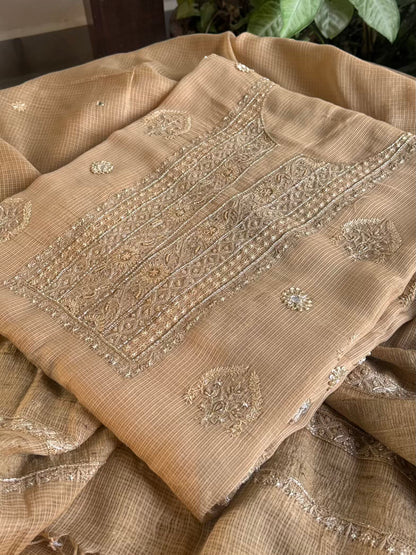 Beige Handloom Kota Chikankari With Mirror Work Unstitched Kurta Dupatta Set
