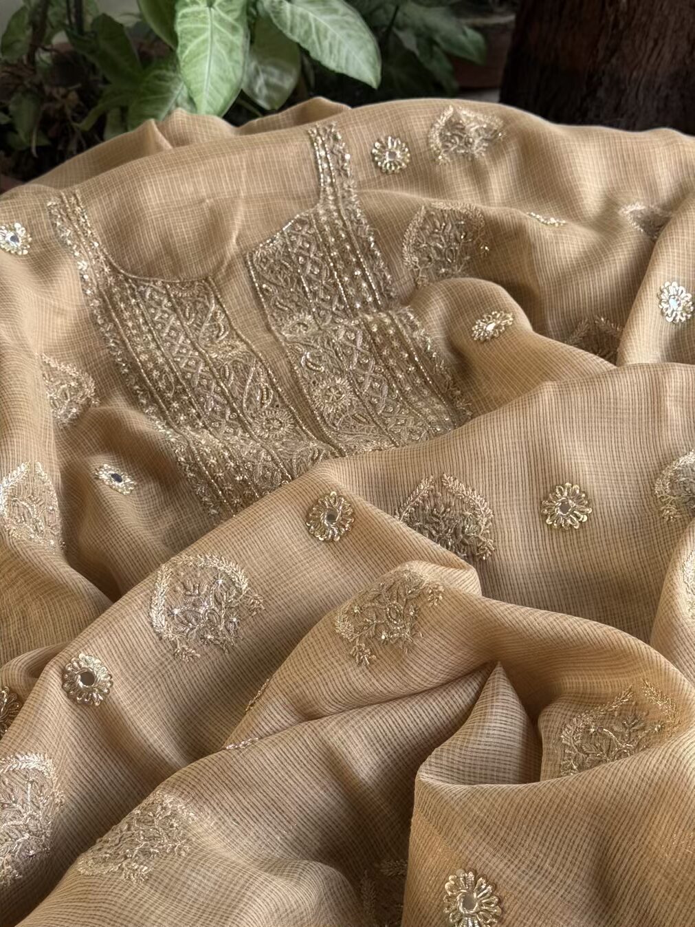Beige Handloom Kota Chikankari With Mirror Work Unstitched Kurta Dupatta Set