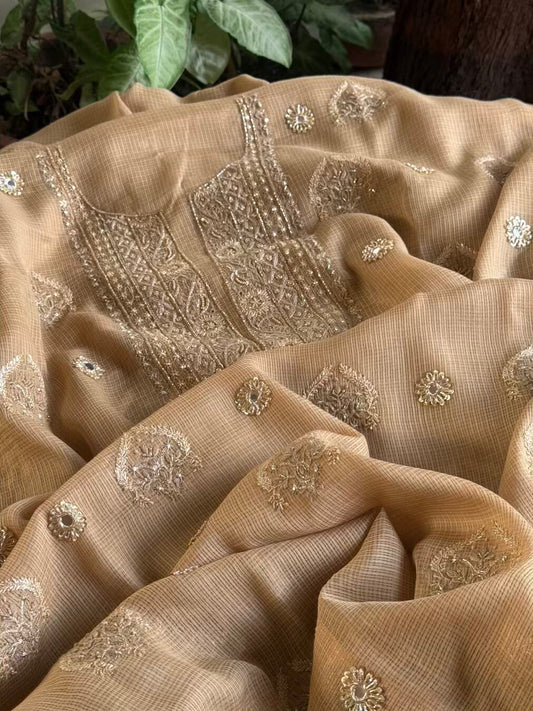 Beige Handloom Kota Chikankari With Mirror Work Unstitched Kurta Dupatta Set
