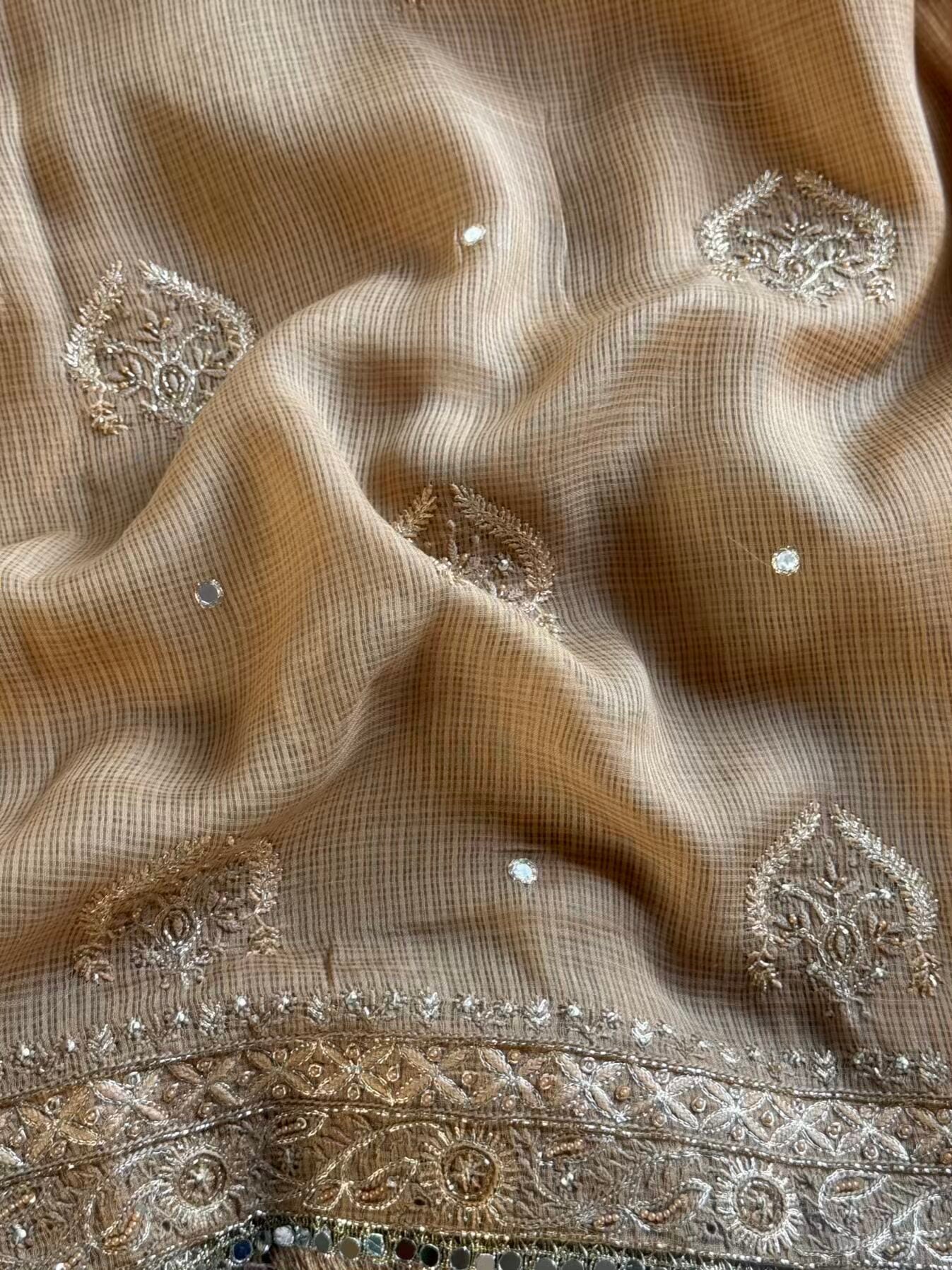 Beige Handloom Kota Chikankari With Mirror Work Unstitched Kurta Dupatta Set