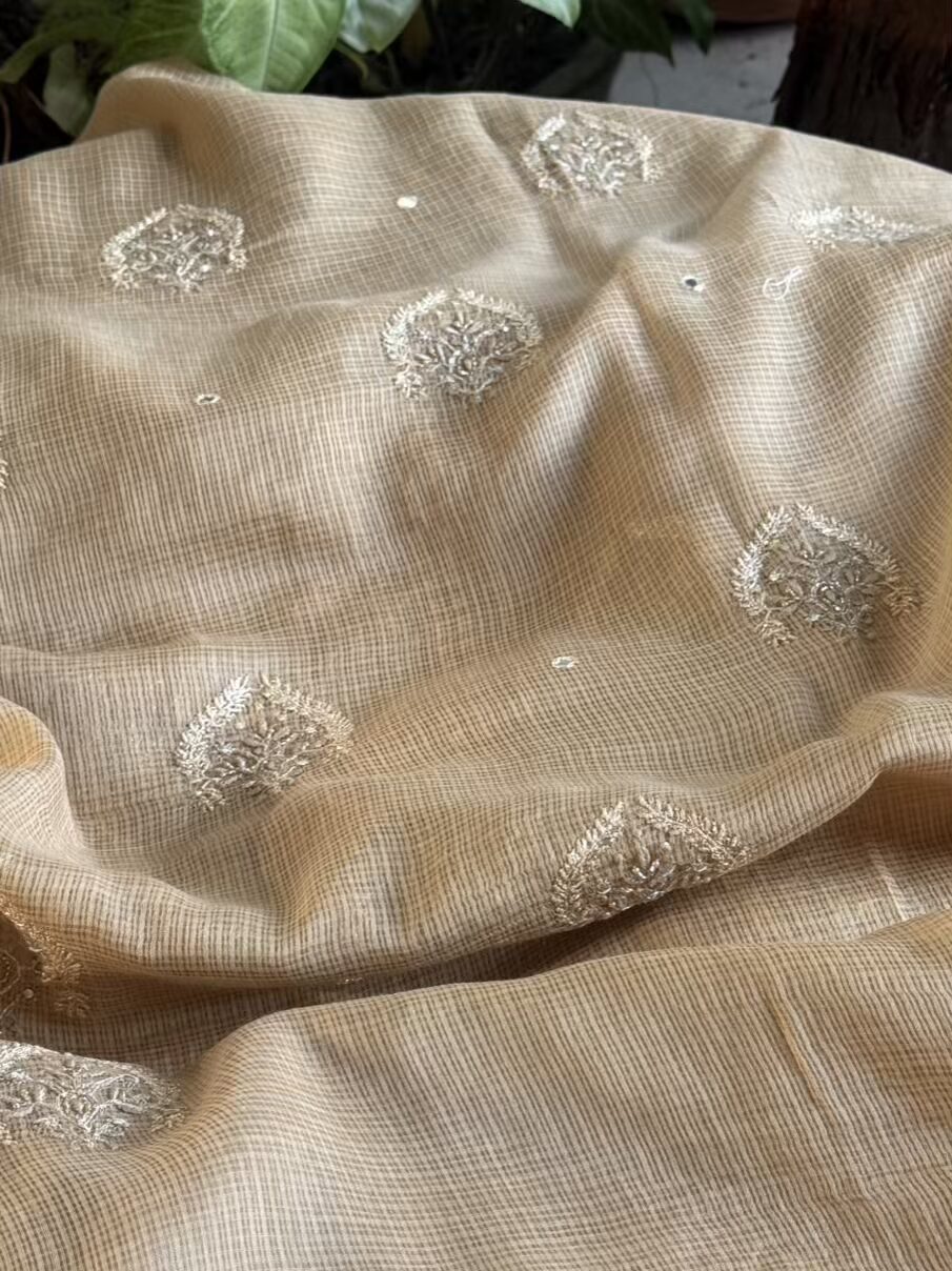 Beige Handloom Kota Chikankari With Mirror Work Unstitched Kurta Dupatta Set