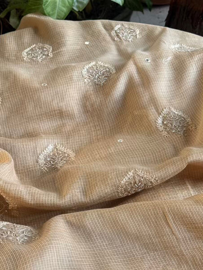Beige Handloom Kota Chikankari With Mirror Work Unstitched Kurta Dupatta Set