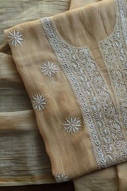 Fawn Mal Cotton Chikankari Unstitched Kurta Dupatta Fabrics With Kamdani