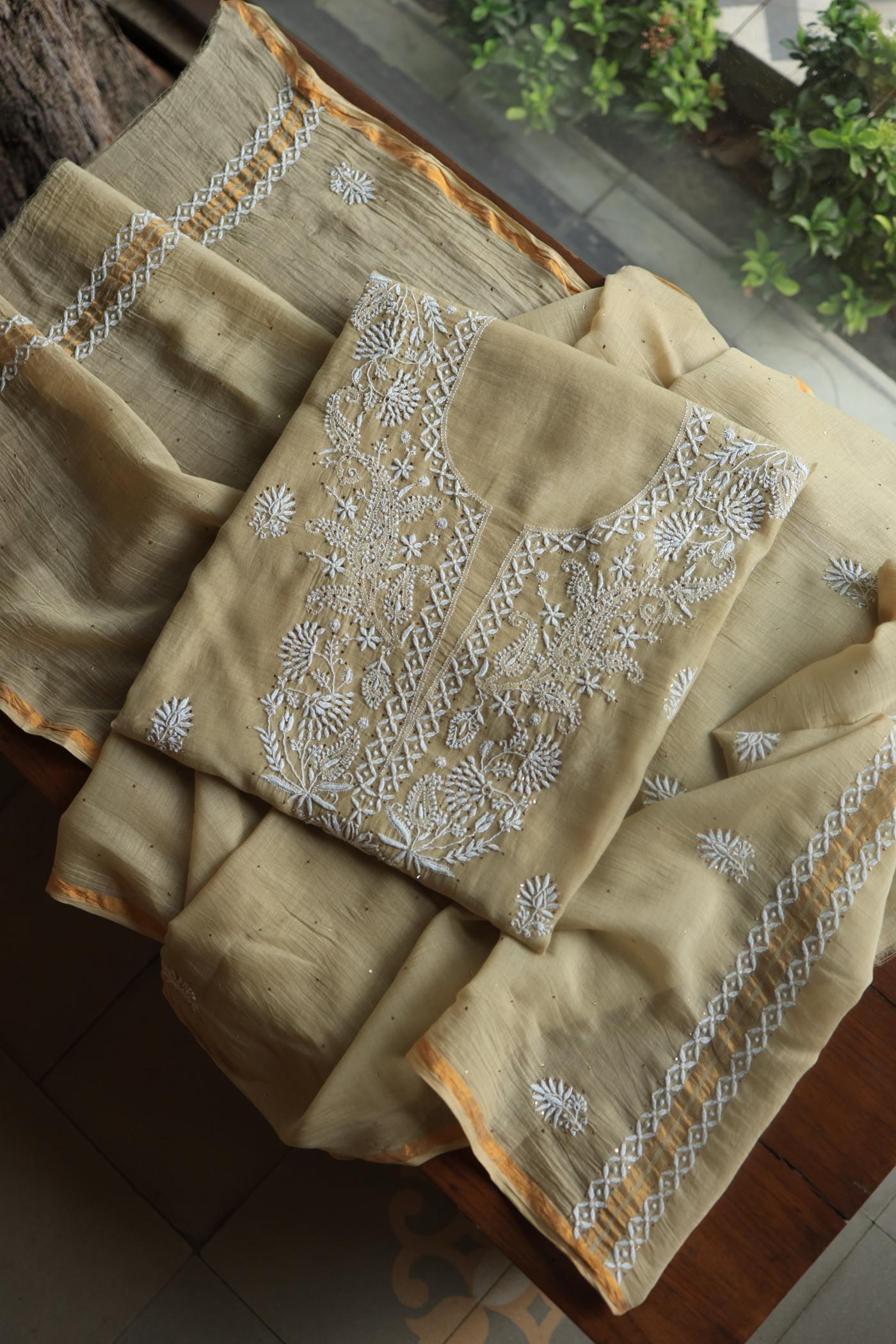 Beige Mal Cotton Chikankari Unstitched Kurta Dupatta Fabrics With Kamdani