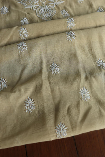 Beige Mal Cotton Chikankari Unstitched Kurta Dupatta Fabrics With Kamdani