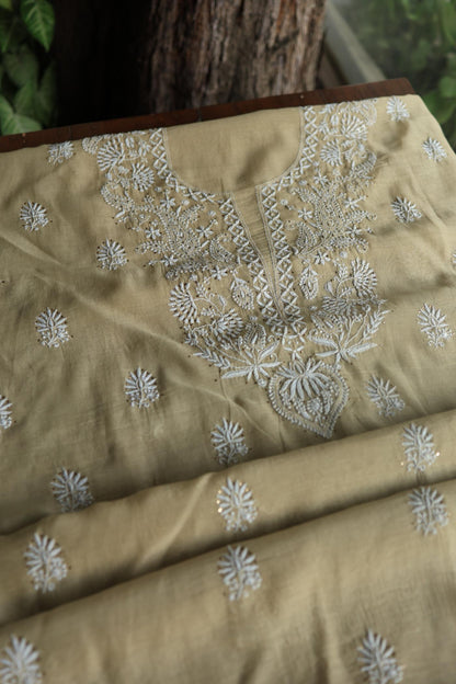 Beige Mal Cotton Chikankari Unstitched Kurta Dupatta Fabrics With Kamdani