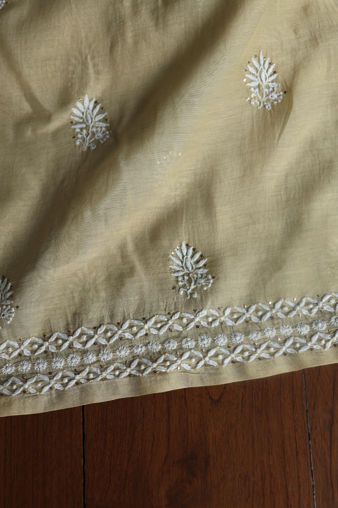 Beige Mal Cotton Chikankari Unstitched Kurta Dupatta Fabrics With Kamdani