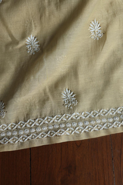 Beige Mal Cotton Chikankari Unstitched Kurta Dupatta Fabrics With Kamdani