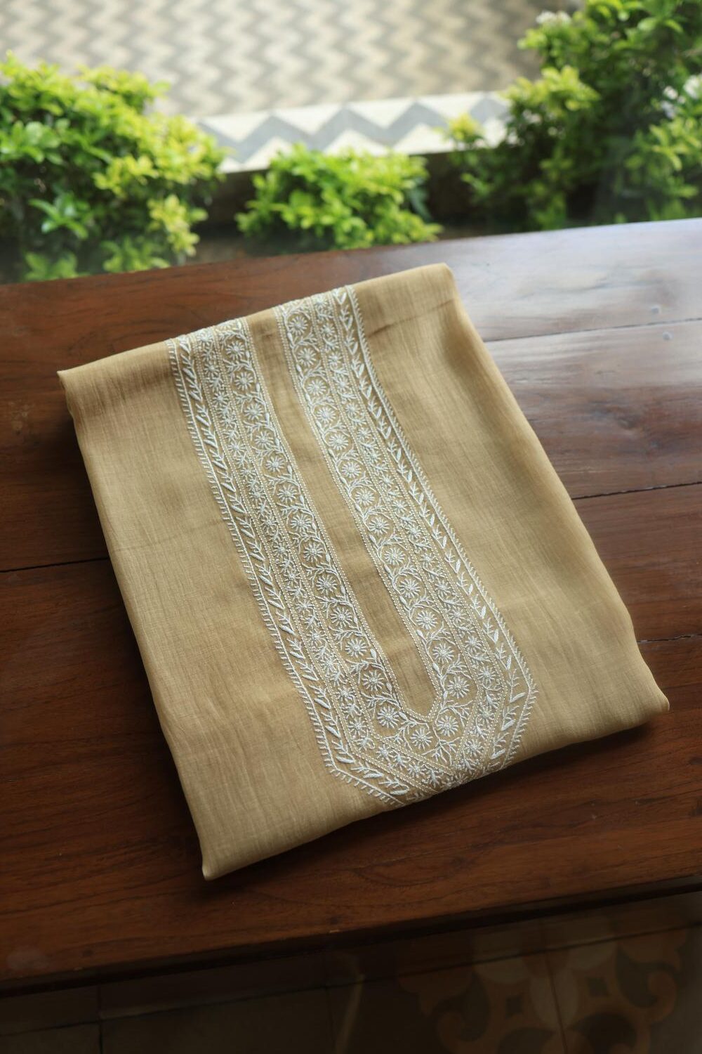 Beige Mulmul Chikankari Unstitched Men's Kurtas Fabrics