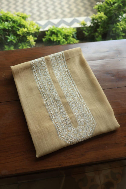 Beige Mulmul Chikankari Unstitched Men's Kurtas Fabrics