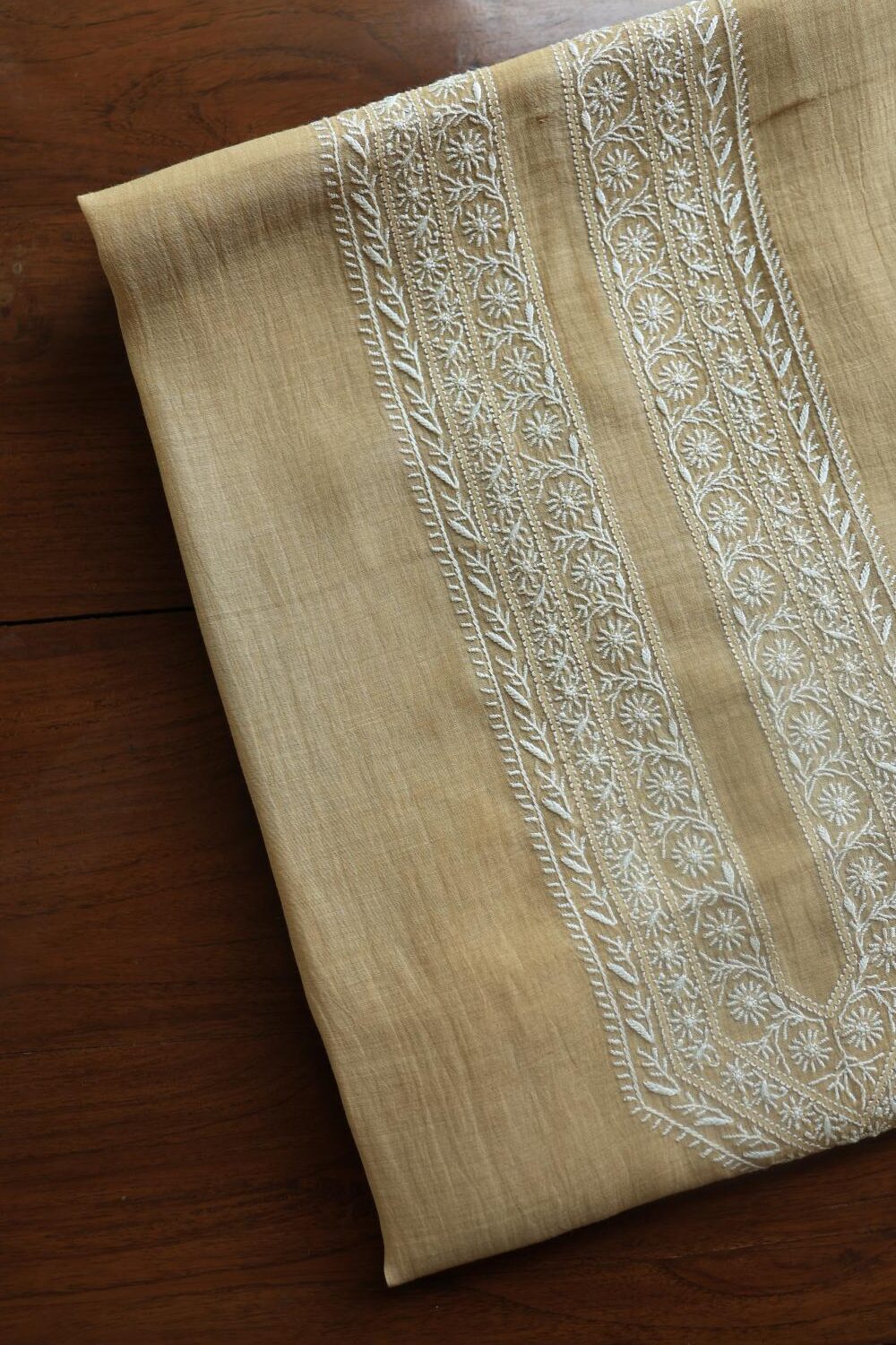 Beige Mulmul Chikankari Unstitched Men's Kurtas Fabrics