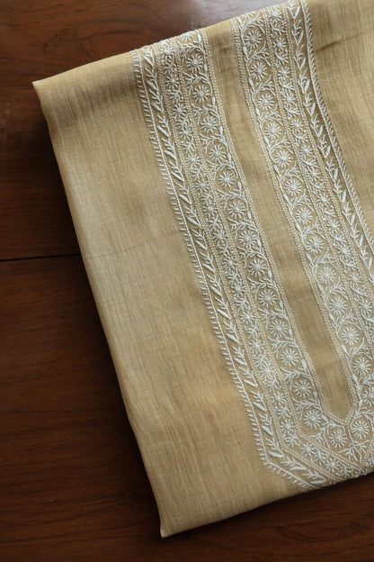 Beige Mulmul Chikankari Unstitched Men's Kurtas Fabrics