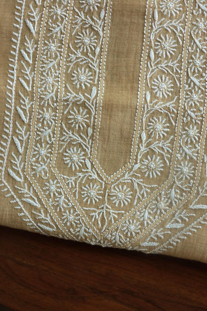 Beige Mulmul Chikankari Unstitched Men's Kurtas Fabrics