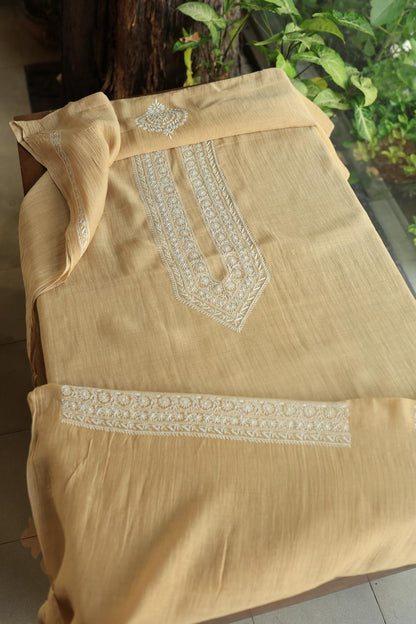 Beige Mulmul Chikankari Unstitched Men's Kurtas Fabrics