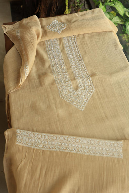 Beige Mulmul Chikankari Unstitched Men's Kurtas Fabrics