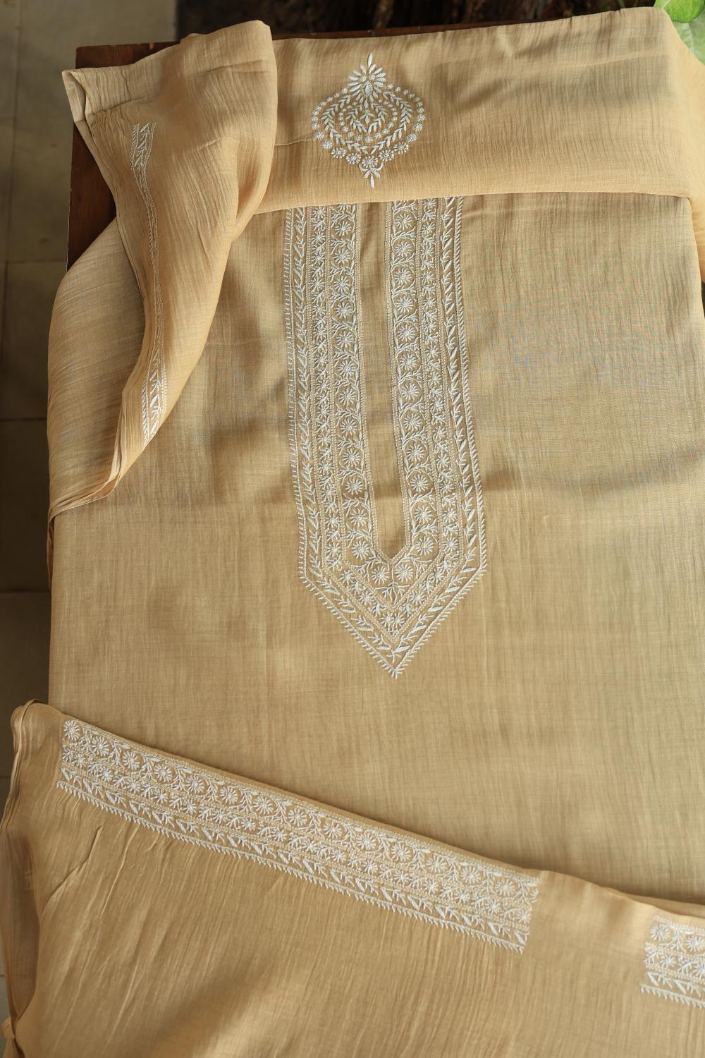Beige Mulmul Chikankari Unstitched Men's Kurtas Fabrics