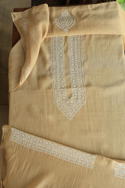 Beige Mulmul Chikankari Unstitched Men's Kurtas Fabrics