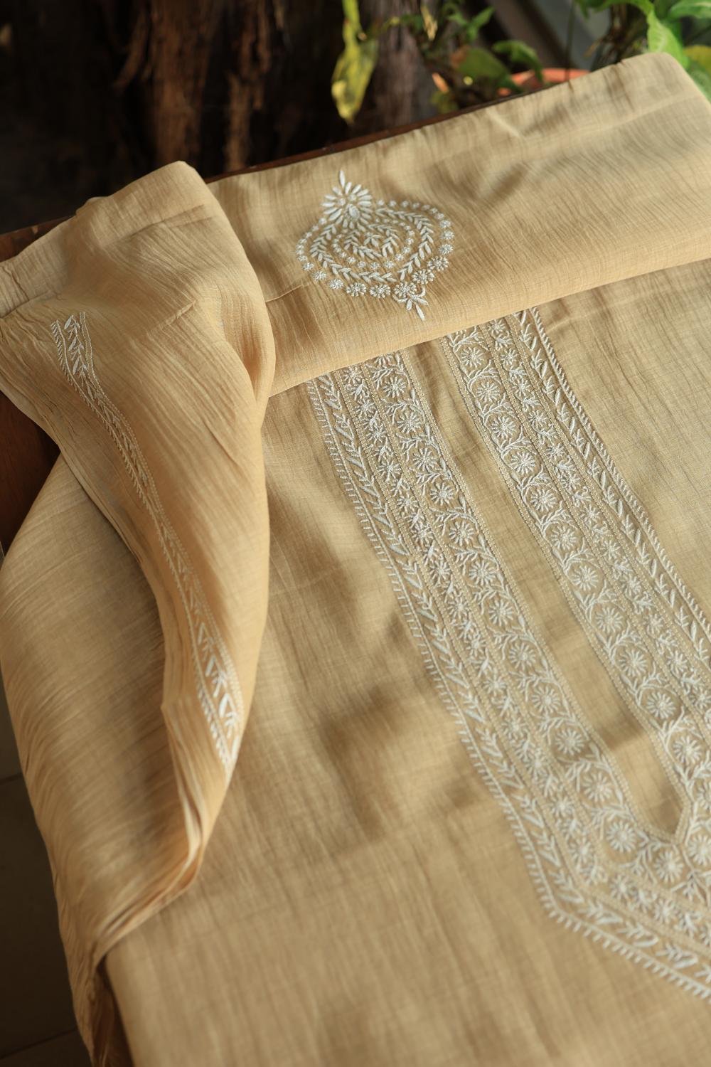 Beige Mulmul Chikankari Unstitched Men's Kurtas Fabrics