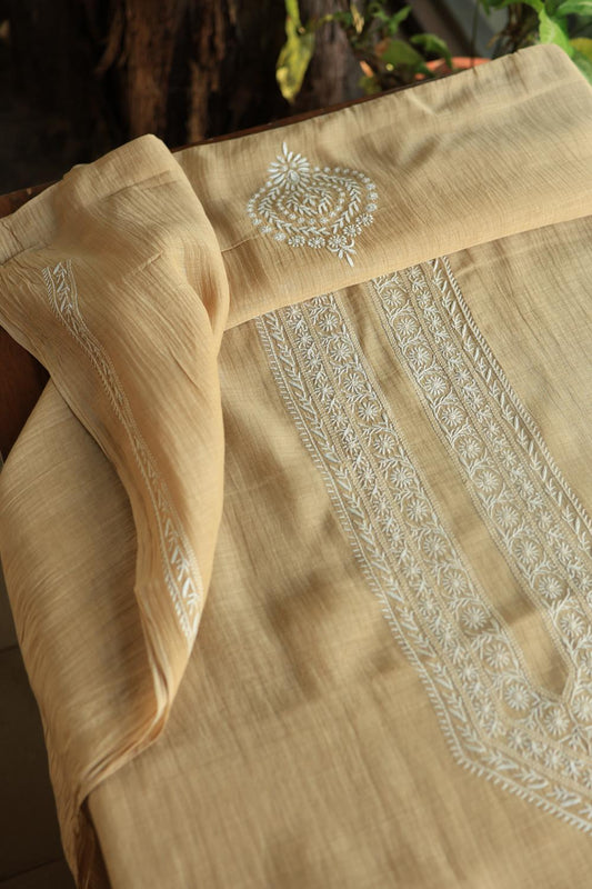 Beige Mulmul Chikankari Unstitched Men's Kurtas Fabrics