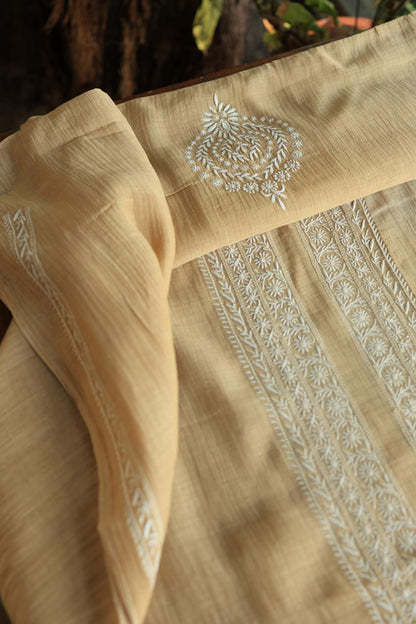 Beige Mulmul Chikankari Unstitched Men's Kurtas Fabrics