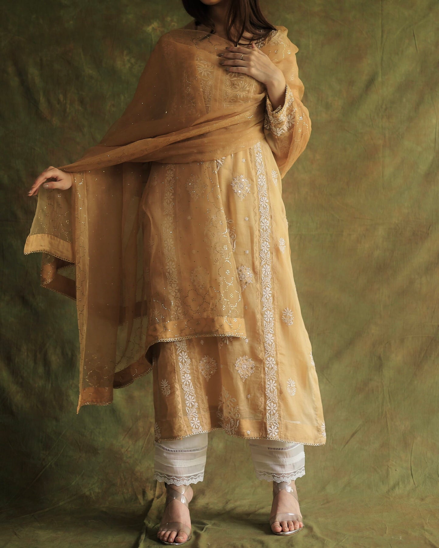 Beige Noor Organza Applique Chikankari Mukaish Kurta Dupatta Set