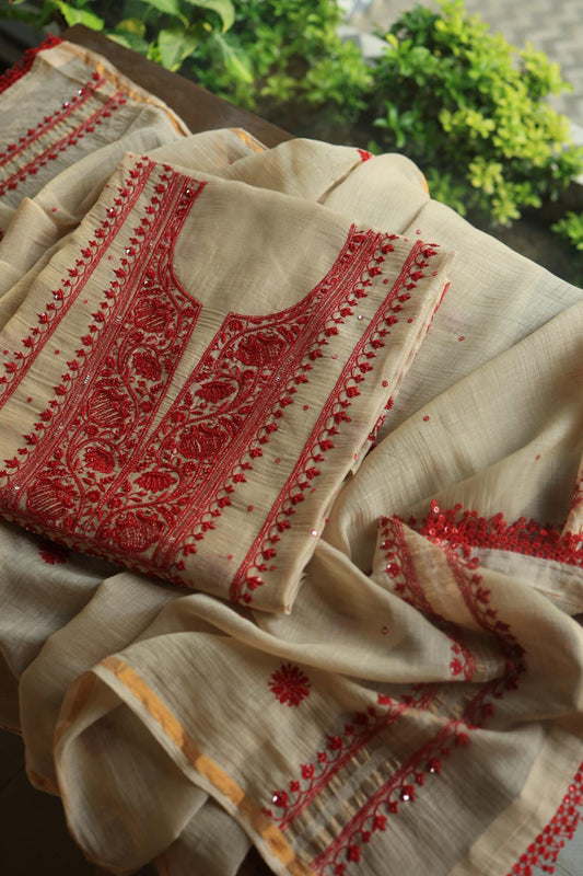 Beige & Red Mal Chanderi Silk Chikankari With Sequins Unstitched Kurta Dupatta Set
