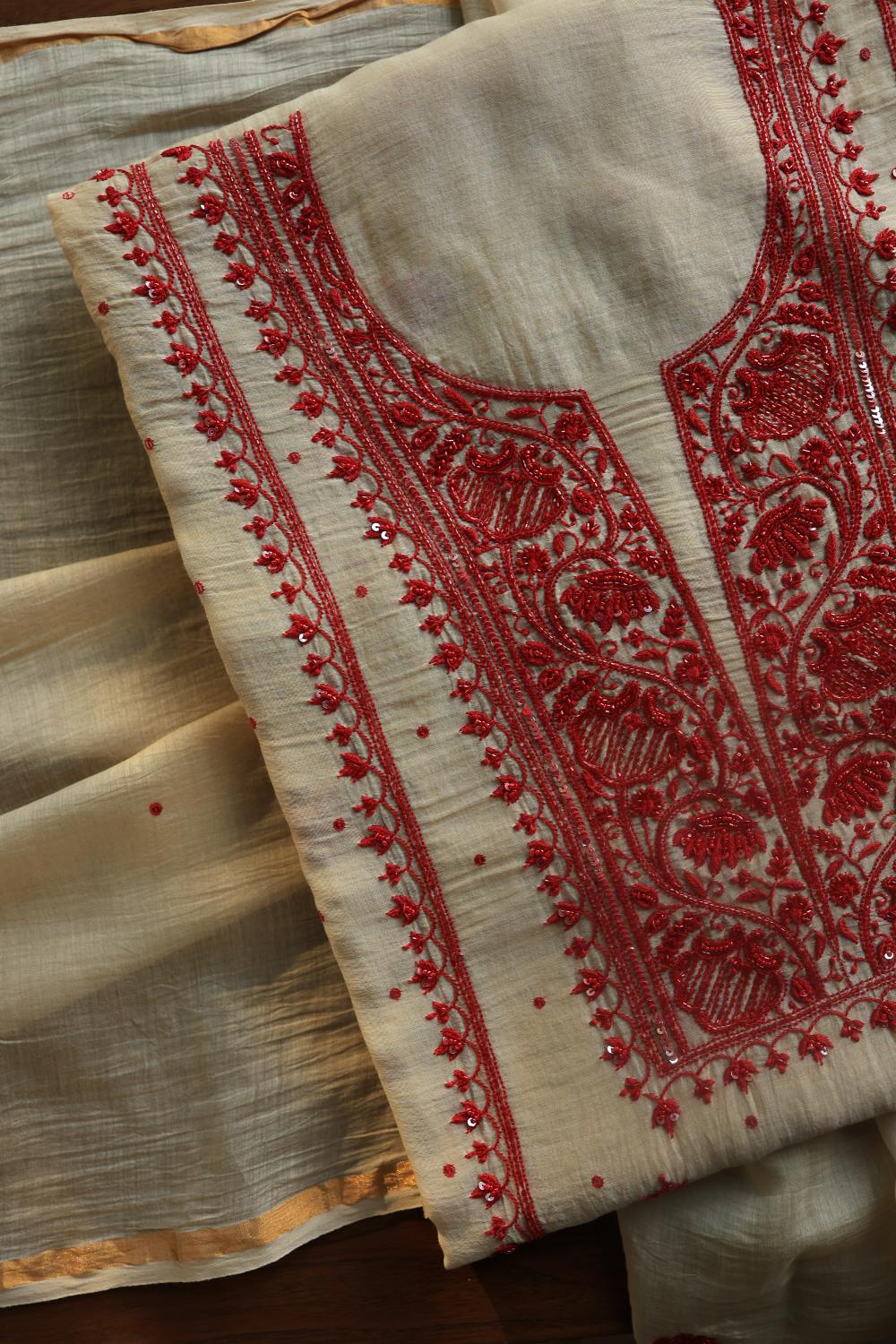 Beige & Red Mal Chanderi Silk Chikankari With Sequins Unstitched Kurta Dupatta Set