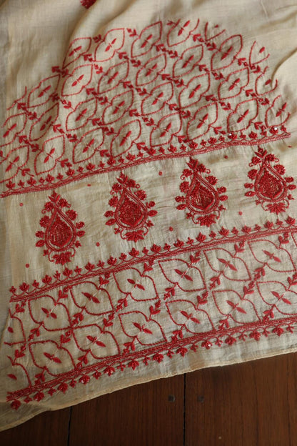 Beige & Red Mal Chanderi Silk Chikankari With Sequins Unstitched Kurta Dupatta Set