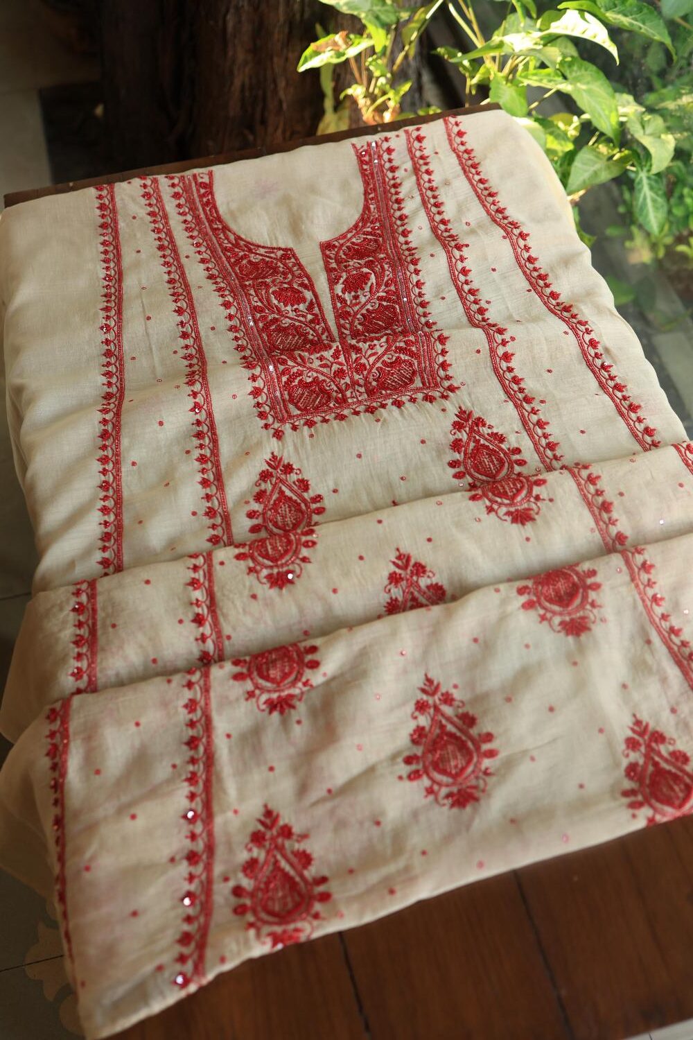 Beige & Red Mal Chanderi Silk Chikankari With Sequins Unstitched Kurta Dupatta Set