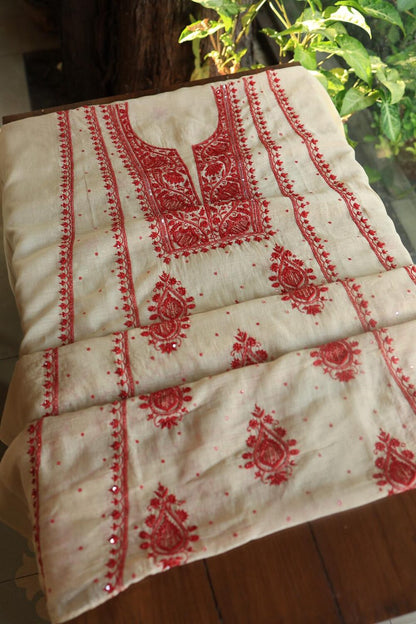 Beige & Red Mal Chanderi Silk Chikankari With Sequins Unstitched Kurta Dupatta Set