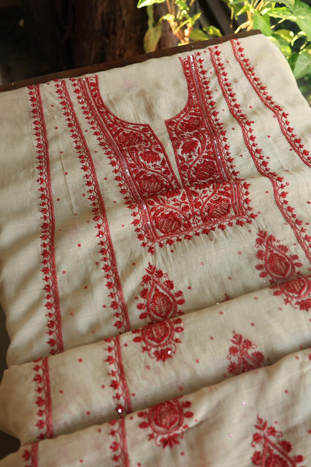 Beige & Red Mal Chanderi Silk Chikankari With Sequins Unstitched Kurta Dupatta Set