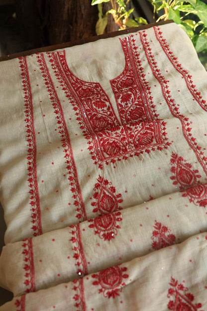 Beige & Red Mal Chanderi Silk Chikankari With Sequins Unstitched Kurta Dupatta Set