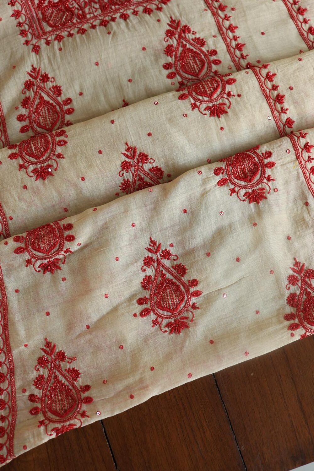 Beige & Red Mal Chanderi Silk Chikankari With Sequins Unstitched Kurta Dupatta Set