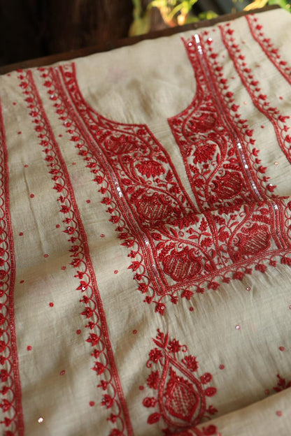 Beige & Red Mal Chanderi Silk Chikankari With Sequins Unstitched Kurta Dupatta Set