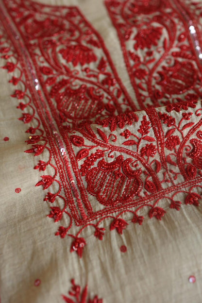 Beige & Red Mal Chanderi Silk Chikankari With Sequins Unstitched Kurta Dupatta Set