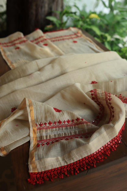 Beige & Red Mal Chanderi Silk Chikankari With Sequins Unstitched Kurta Dupatta Set