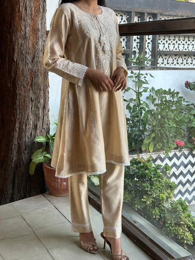 Beige Chanderi Chikankari Co-Ord Sets